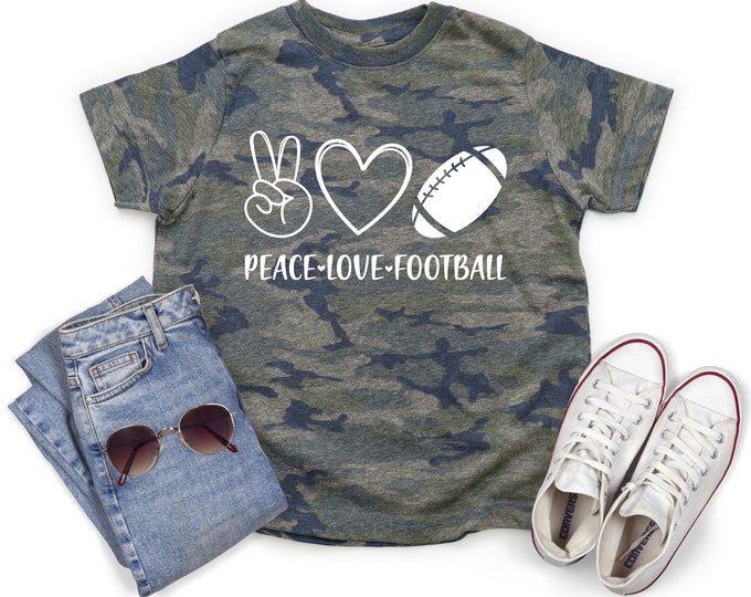 Peace Love Football Camo Shirt Solid White Vinyl Sport Lover Shirt Camouflage Peace Love Football Fan Tee Camo Shirt Sport Fan Tee