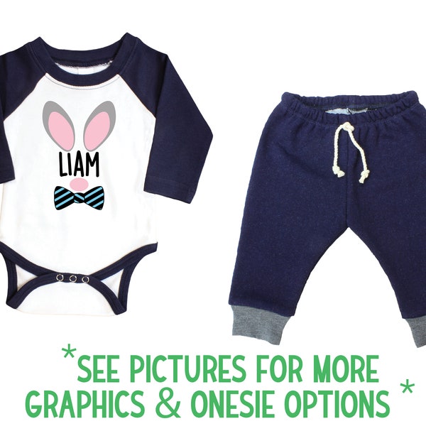 Easter Bunny Ears Raglan Bodysuit Personalized Shirt Easter Boy Baby Personalized Long or Short Sleeve Black Bodysuit
