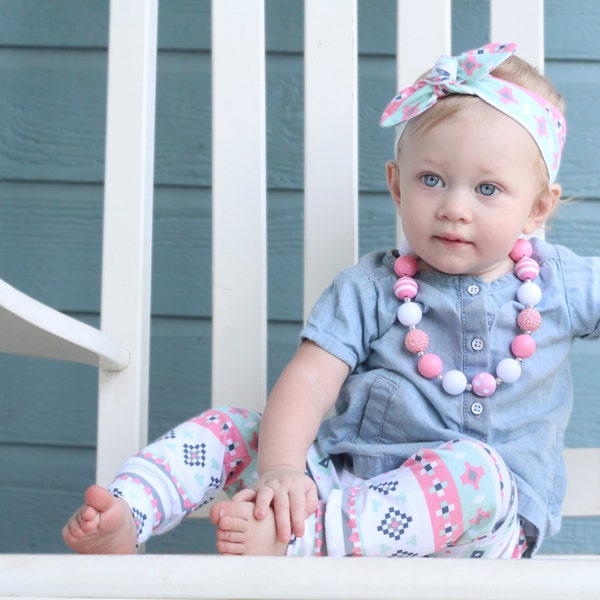 Aztec Tribal Baby Leggings Knot Headband Tribal Toddler Southwest Girl Leggings Mint Pink Cute Stretchy Pants Headband Legging Set