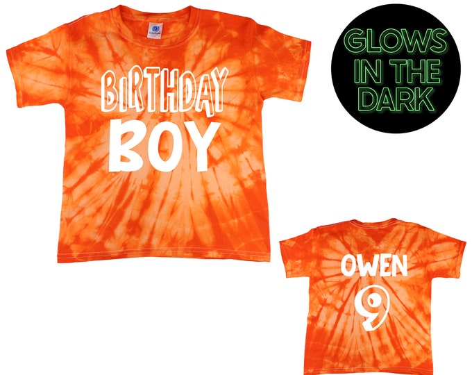 Birthday Boy Tie Dye Shirt Glow in the Dark Orange Spider Personalized Birthday Party Shirt Age Year Name Orange Spiral Bday