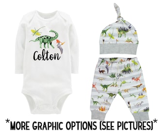 Boy Dinosaur Outfit Personalized T-Rex Tyrannosaurus Triceratops Boy Gray White Boy Leggings Green Going Coming Home Outfit Boy Baby Gift