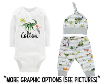 Boy Dinosaur Outfit Gepersonaliseerde T-Rex Tyrannosaurus Triceratops Boy Grey White Boy Leggings Green Going Coming Home Outfit Boy Baby Gift