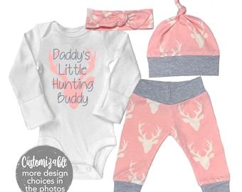 Daddy's Little Hunting Buddy Girl herten babyoutfit pasgeboren naar huis set Romper Buck lichtroze grijze legging hoofdband knoop hoed cadeauset