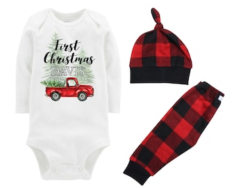 Boy First Christmas Outfit Personalized Old Red Truck Christmas Tree Bodysuit Buffalo Plaid Pants Winter Boy Red Gray Black Buffalo Plaid