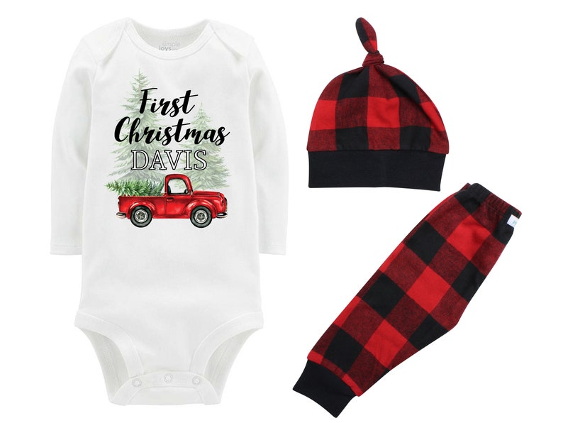 Boy First Christmas Outfit Personalized Old Red Truck