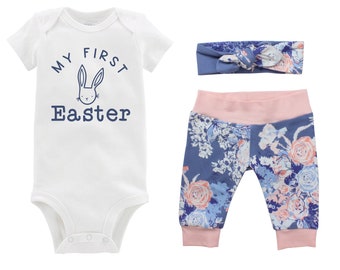 Girl My First Easter Outfit Blue Floral Baby Bunny Easter Pink Purple Watercolor Blue Floral Yoga Pants Headband Girly
