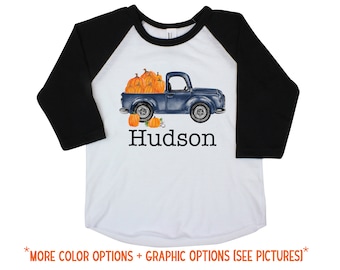 Boy Pumpkin Truck Shirt Personalized Raglan Fall Boy Shirt Pumpkin Patch Shirt Halloween Shirt Boy Truck Shirt Old Blue Truck Shirt Fall