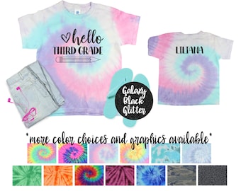 Hello Grade Girl Personalized Pastel Minty Tie Dye Shirt Galaxy Bright Black Glitter Vinyl White Rainbow Shirt Girl Back To School Shirt