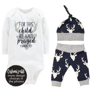Baby Boy Coming Home Set: Navy Gray Deer - Soft Yoga Pants & Hat