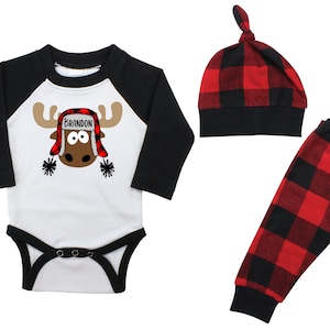 Jongen geruit kerst eland gepersonaliseerde raglan outfit doos jongen kerst romper buffel flanellen broek winter jongen rood zwart buffel geruite