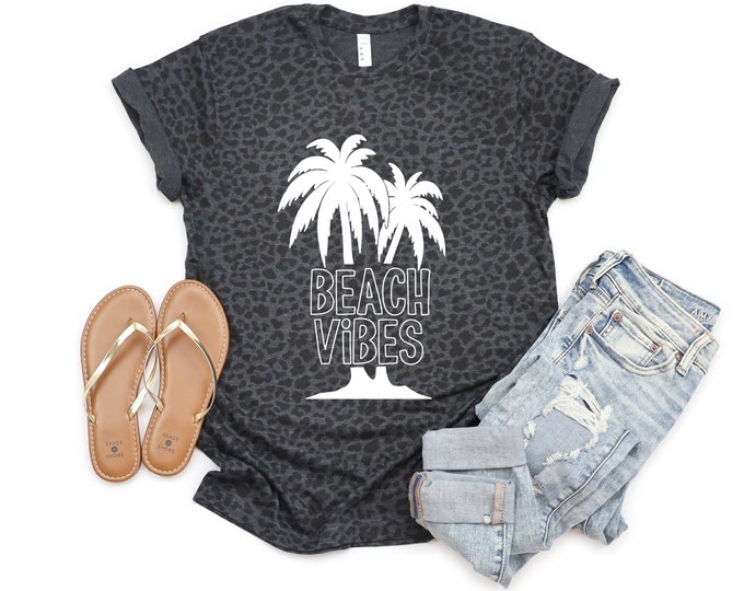 Beach Vibes Gray Leopard Vacation Shirt Solid White Vinyl Vacay Beach Tee Toddler Youth Adult Shirt Palm Tree Leopard Tee Matching Family