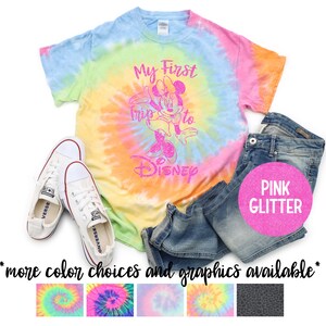 My First Trip Minnie Shirt Pink Glitter Vinyl Minnie Mouse Toddler Youth Adult Matching Family Vacation Shirts for Florida