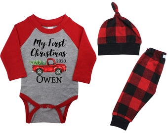 My First Christmas 2022 Tree Red Truck Personalized Outfit Winter Boy Raglan Outfit Red Buffalo Plaid Pants Knot Hat Red Black Flannel Pant