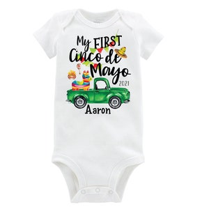 Mi primer body del Cinco de Mayo Fiesta de camiones verdes para niño y bebé, personalizado, con monograma, manga larga o corta, tacos, piñata, maraca, 5 de mayo