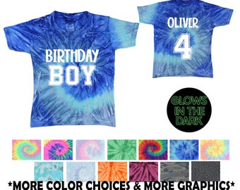 Birthday Boy Tie Dye Shirt Glow in the Dark Blue Jerry Tie Dye Jersey Font Personalized Birthday Party Shirt Age Year Name Blue Spiral Bday