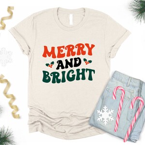 Merry and Bright Retro Christmas Shirt Mommy and Me Matching Baby Youth Toddler Adult T-Shirt Tee Xmas Vintage Groovy Hippie Holly Oatmeal
