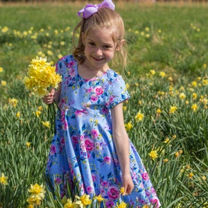 Blue Summer Twirly Dress Watercolor Floral Spring Easter Dress Toddler Dress Girl Dress Blue Pink Yellow Twirl Dress Short Sleeve Knit Dress image 4
