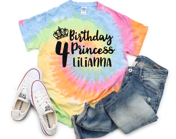 Birthday Princess Tie Dye Shirt Bright Black Glitter Vinyl Princess Crown Birthday Girl Shirt Party Shirt Girl Tie Dye Birthday Shirt