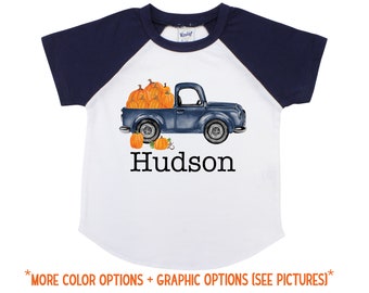 Old Truck Pumpkin Shirt Personalized Boy Pumpkin Patch Shirt Boyish Fall Shirt Old Blue Truck with Pumpkins Vintage Truck Shirt