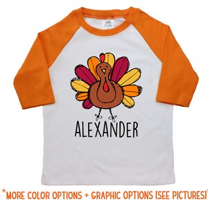 Boy Thanksgiving Turkey Shirt Personalized Turkey Raglan Orange Raglan Black Raglan Boyish Thanksgiving Name Turkey Scribble Turkey