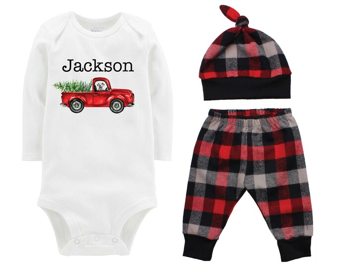 Boy Christmas Outfit Personalized Old Truck Dog Baby Outfit Bodysuit Buffalo Plaid Pants Winter Baby Outfit Boy Red Gray Black Buffalo Plaid