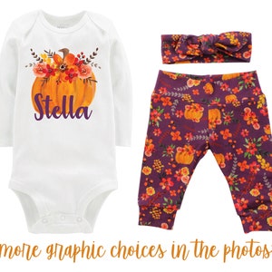 Girl Fall Pumpkin Outfit Personalized Mauve Watercolor Floral Yoga Leggings Headband Infant Fall Outfit Floral Pumpkin Orange Name Plum