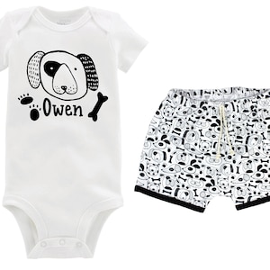 Boy Puppy Dog Outfit Personalized Outfit Dog Baby Summer Puppy Paw Print Shirt Bodysuit Boy Dog Bone Puppy Unisex Shorts