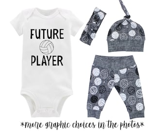 Volleyball Future Player Baby Outfit Girl or Boy Gray Yoga Pants Knot Hat Going Coming Home Gift Set Volleyball Headband Just Joined Coach