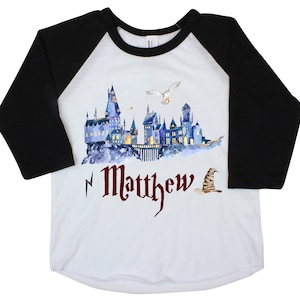Wizard Magic Shirt Personalized Boy Wizard School Shirt Name Unisex Wizard Shirt Hat Owl Castle Black Raglan Baby Bodysuit Long Sleeve Short