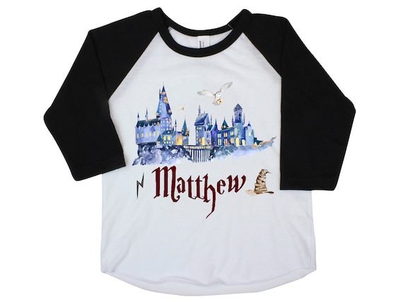 Wizard Magic Shirt Personalized Boy Wizard School Shirt Name Unisex Wizard Shirt Hat Owl Castle Black Raglan Baby Bodysuit Long Sleeve Short