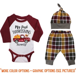 Boy First Thanksgiving Truck Personalized Boy Outfit Fall Raglan Fall Plaid Pants Knot Hat Pumpkin Happy Turkey Maroon Mustard Gray Raglan