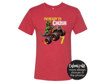 Camiseta de cumpleaños de Monster Truck T-Rex Estoy listo para aplastar Tie Dye Personalizada Edad tres cuatro cinco Cumpleaños personalizado Niño Dinosaurio rugiente Escuela