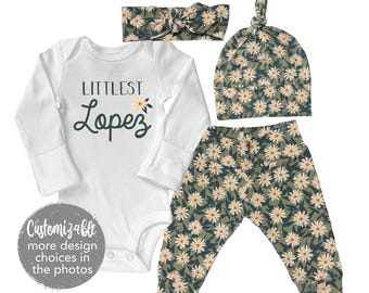Saliegroene bloemen madeliefje meisje baby-outfit Going Home-outfit leggings knoop hoed hoofdband gepersonaliseerd Nieuw voor crew Net lid geworden van het team