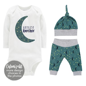 Littlest Last Name Moon and Star Baby Boy Outfit Personalized Infant Outfit Bodysuit Gift Set Going Coming Home Set Teal Navy Preemie to 24M