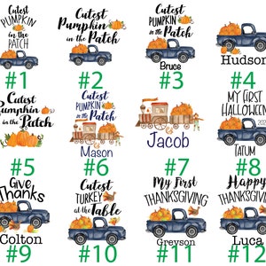 May include: Twelve different designs for personalized fall-themed truck designs. Each design features a blue truck with pumpkins and fall-themed text. The designs include "Cutest Pumpkin in the Patch", "My First Halloween", "Give Thanks", "Cutest Turkey at the Table", and "Happy Thanksgiving".