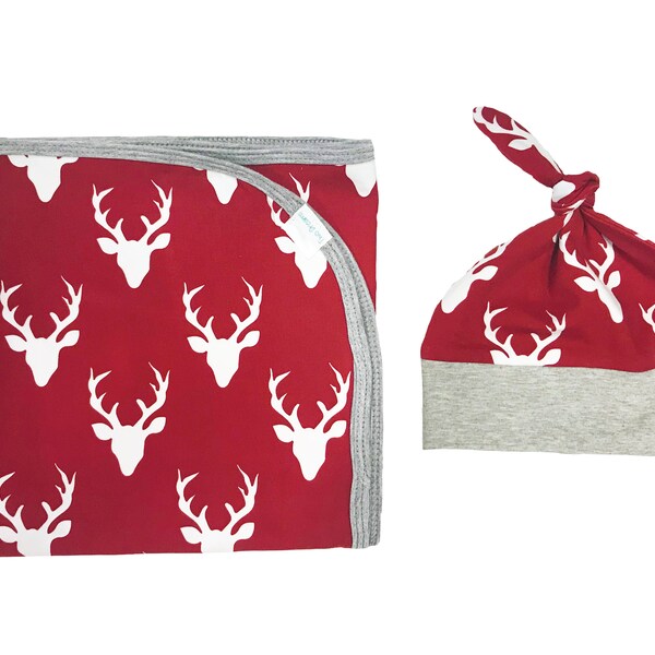 Red Buck Deer Newborn Swaddle Set Swaddle Blanket Boy Top Knot Hat Boy Swaddle Set Stag Deer Blanket Jersey Swaddle Baby Blanket