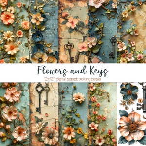 Flowers and Keys  | Sfondi steampunk e vintage | Carta digitale per Scrapbooking | Download