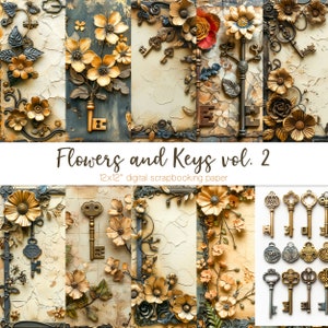 Flowers and Keys vol. 2  | Sfondi steampunk e vintage | Carta digitale per Scrapbooking | Download
