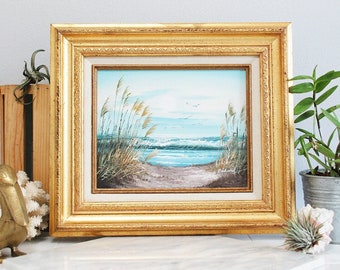 Original Seascape Painting with Beach Grass, Dunes, Gulls and Curling Waves signed Richard / Gilded Wood Custom Frame