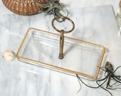 Gilded Clear Glass Tea Sandwich, Macaroon, or Candy Serving Dish with Solid Brass Handle Decorative Soap Caddy Jewelry Catcher 1950s