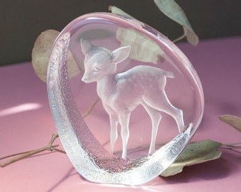 Fawn Portrait Ornately Hand-Carved in Crystal / Signed MJ S. (illegible) / Deer Paperweight / Figurine / Sculpture / Glass Art / Suncatcher