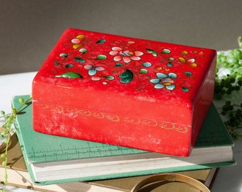 Hand Painted Trinket Box / Red with Gold Vining Floral Motif / Hinged Lid / Jewelry Storage