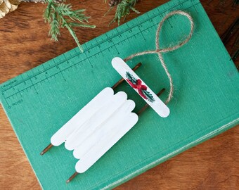 Popsicle Stick Sled Christmas Ornament / Hand painted & Assembled / White Pine Bow
