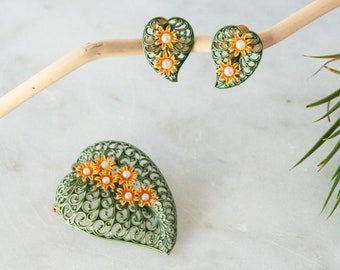 Brooch & Earring Set / Lacy Enameled Metal Filigree Leaves with Clusters of Small Orange Blossoms with Faux Pearl Centers / Screw Back Clip