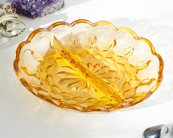 Yellow Fairfield Relish Dish by Anchor Hocking / Diagonally Divided Oval / Molded Glass / Candy / Ring / Mid-Century / American Made