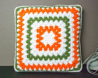 Retro Handmade Granny Square Throw Pillow / Vintage Crochet