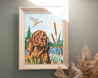 Framed Vintage Paint By Number of Hunting Dog / Irish Setter / Golden Retriever / Pet Portrait / Water Fowl / Duck Hunt / Kitsch Cabin Decor