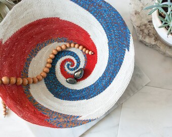 Zulu African Folk Art Basketry / Recycled Telephone Wire Swirled Spiral Bowl / Red White and Blue / EcoChic Global Boho Decor / Sustainable