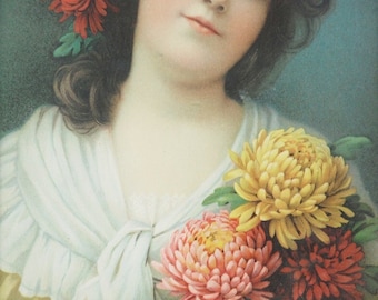 Antique Ketterlinus Lithograph Print in Original Frame / Portrait of Edwardian Woman with Chrysanthemums / Gibson Girl / 1904