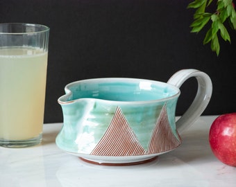 Funky Ribbed Geometric Triangle Pattern in Aqua Blue Glaze on Terra Cotta Red Ware / Gravy Boat / Shallow Pitcher / Hand Thrown Wayne T. Lee